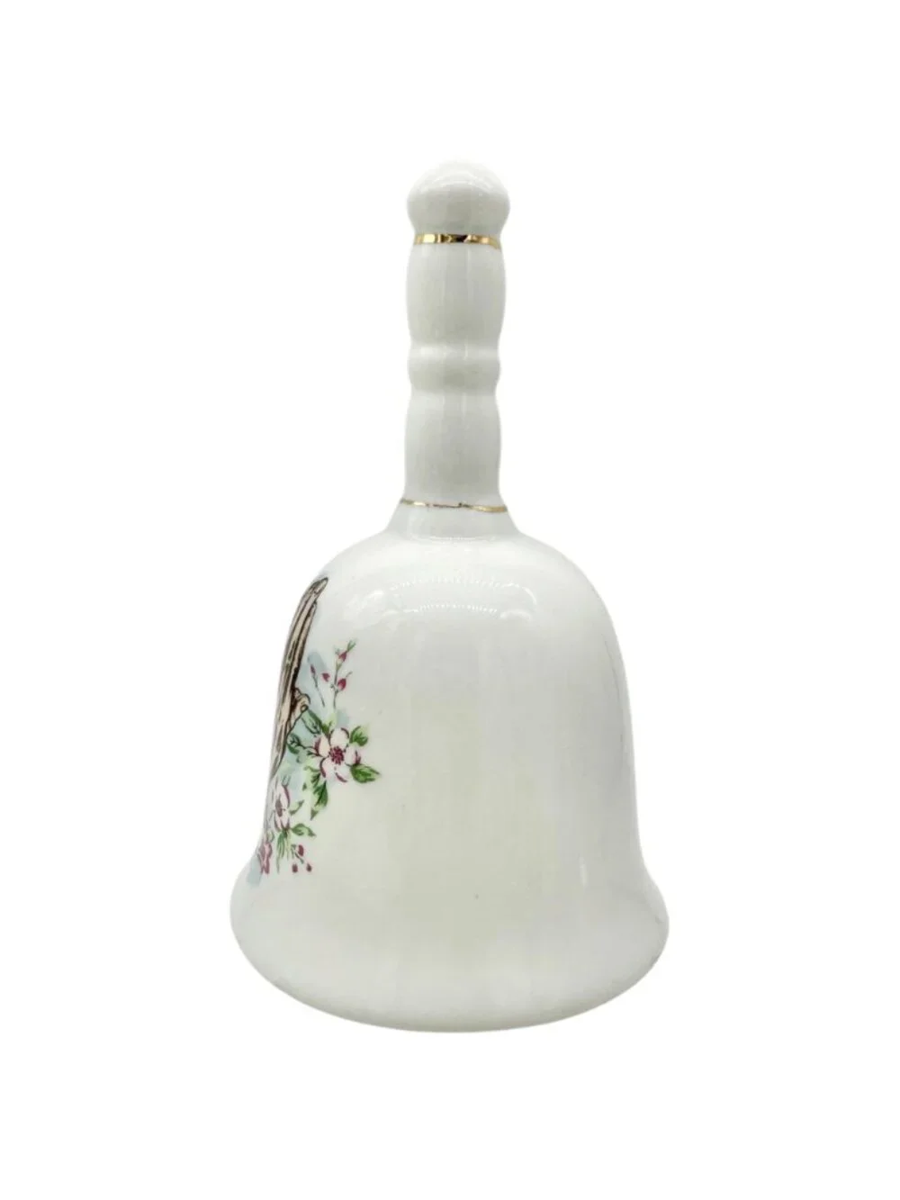 Porcelain Bell in White With Praying Hands Floral Design Gold Accents 4
